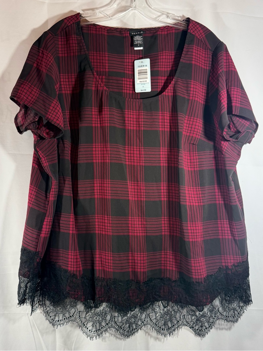 Torrid Black & Red Plaid Lace-Hem Scoop Neck Blouse Size 2 (2X)